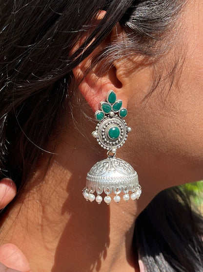 Oxidized Jhumka Earring in Black Polish with Stones