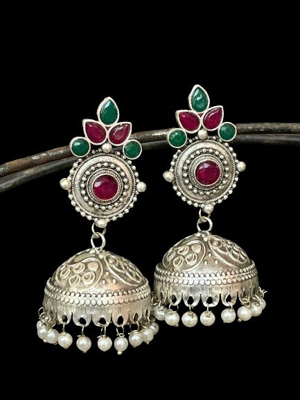 Oxidized Jhumka Earring in Black Polish with Stones