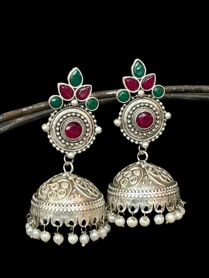 Oxidized Jhumka Earring in Black Polish with Stones