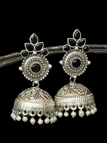 Oxidized Jhumka Earring in Black Polish with Stones