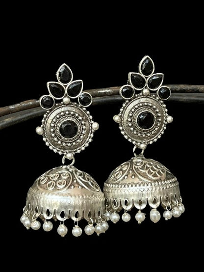 Oxidized Jhumka Earring in Black Polish with Stones