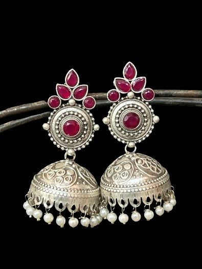 Oxidized Jhumka Earring in Black Polish with Stones
