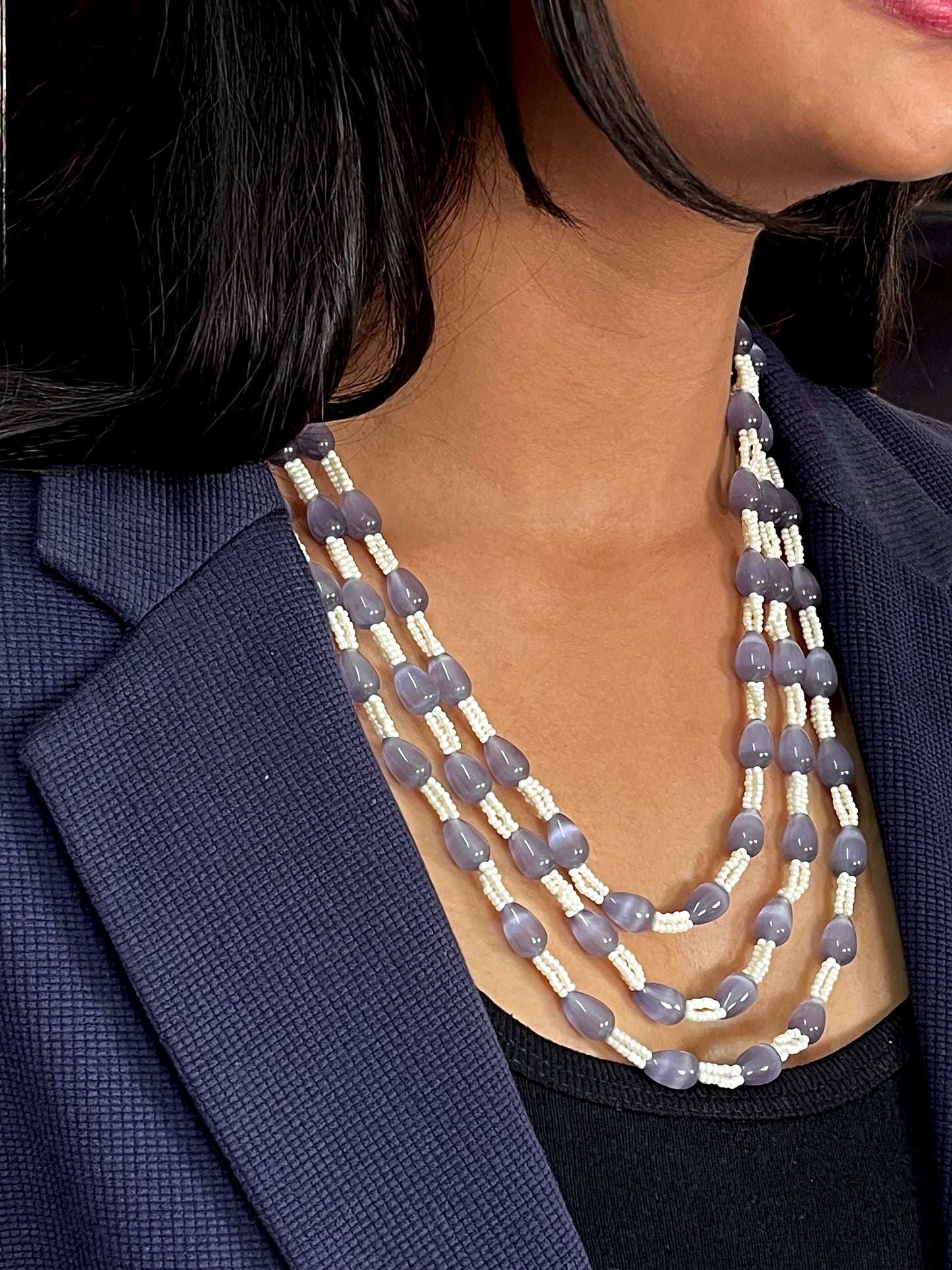 Glass Beads Single Colour Trendy Three Layered Mala