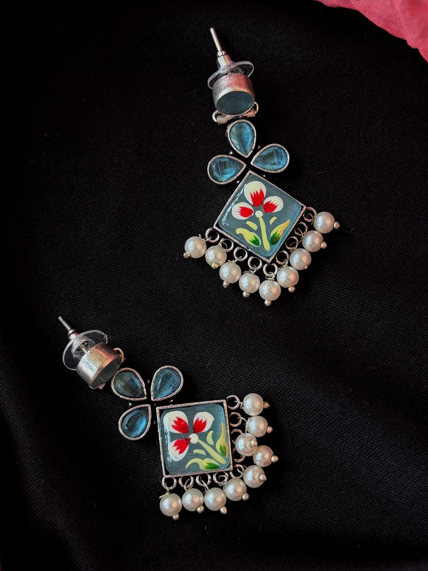 Monalisa Stone Hand Painted Partywear Silver Replica Earring