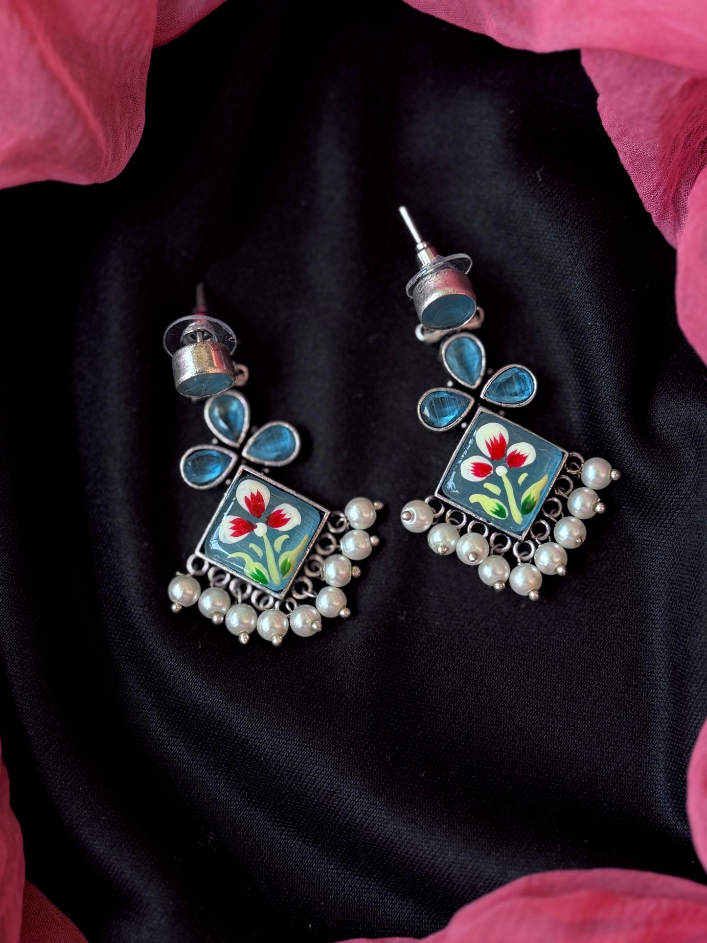 Monalisa Stone Hand Painted Partywear Silver Replica Earring