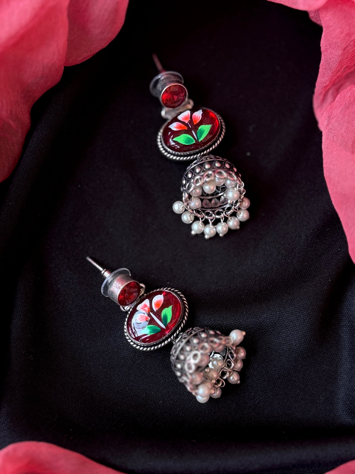 Monalisa Stone Hand Painted Top Silver Replica Jhumki Earring