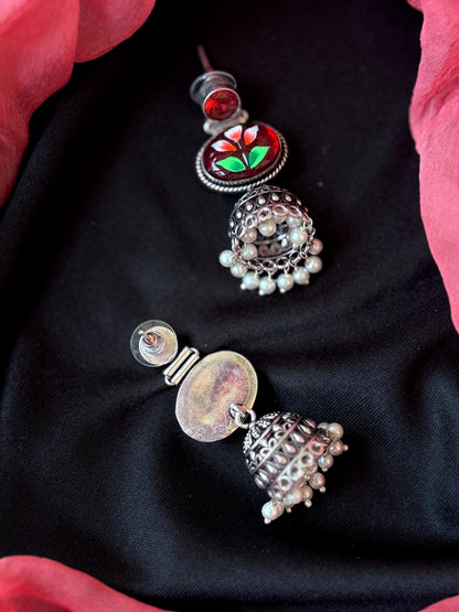 Monalisa Stone Hand Painted Top Silver Replica Jhumki Earring