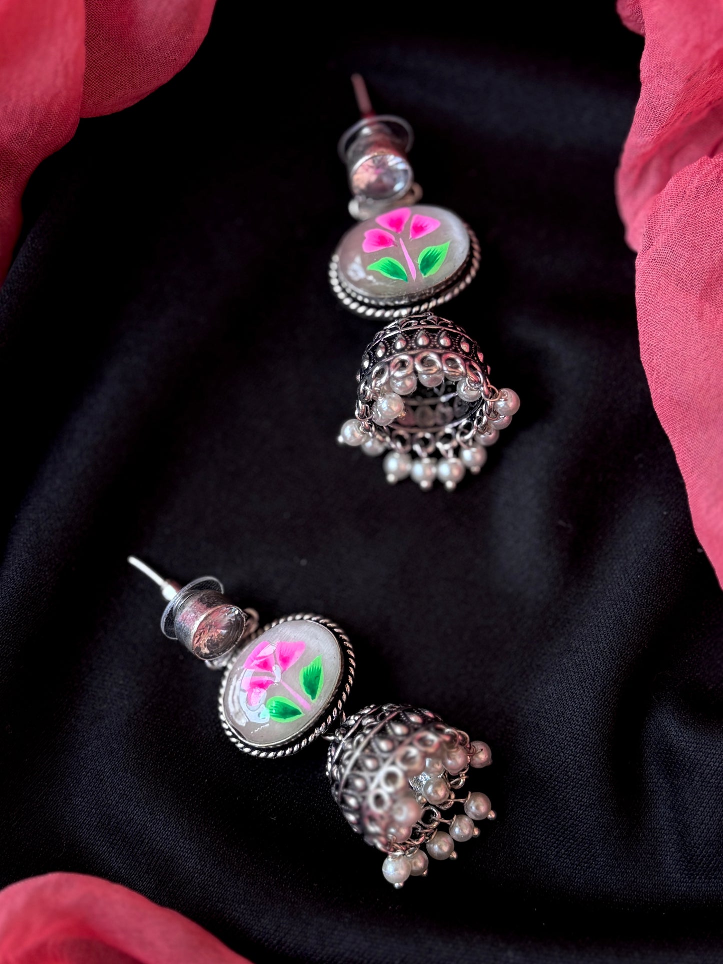 Monalisa Stone Hand Painted Top Silver Replica Jhumki Earring