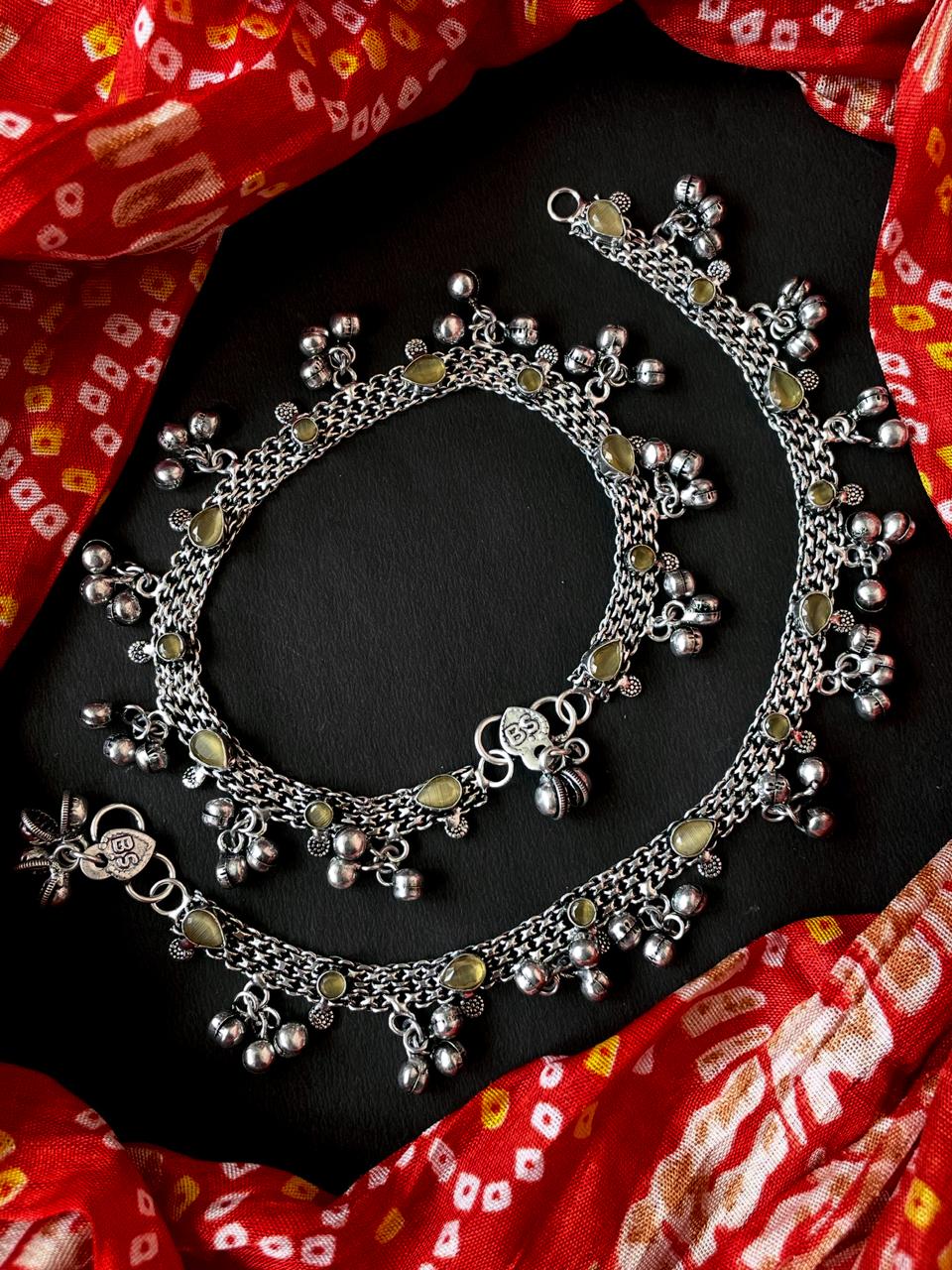 Monalisa Stone Silver Replica Ghunghroo Anklet