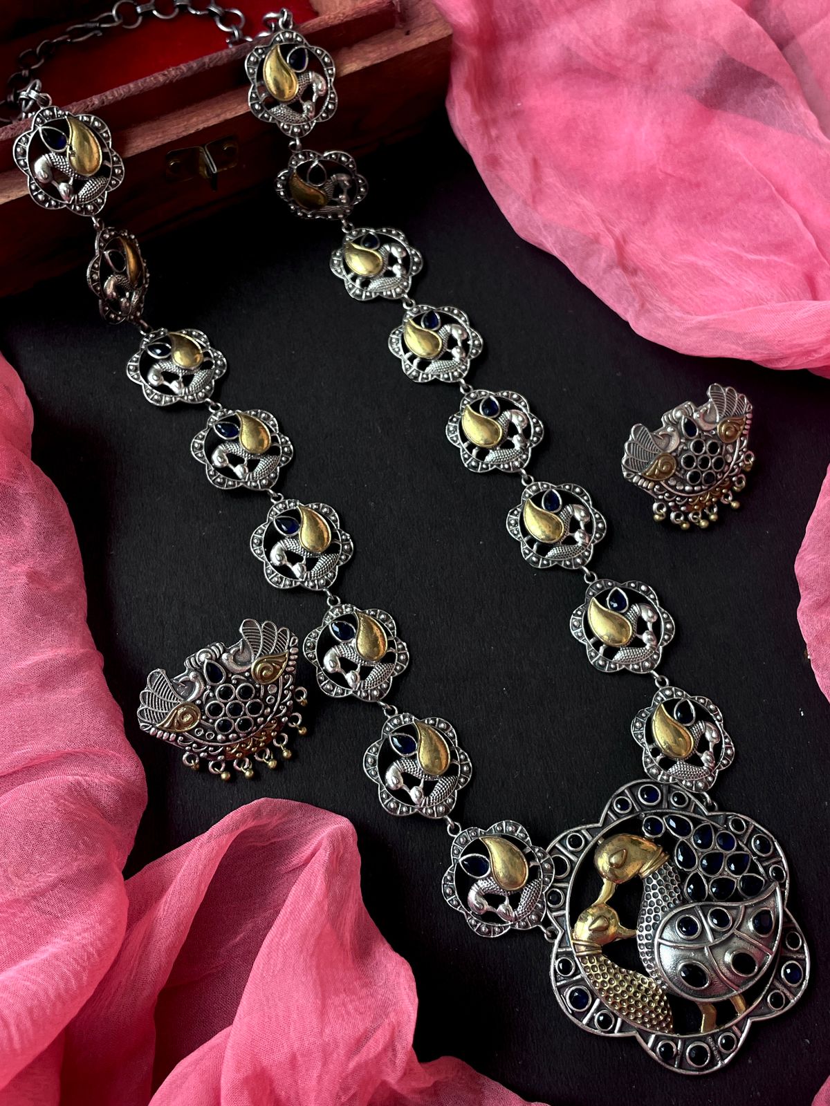 Dual Tone Long Partywear Necklace with Earring set