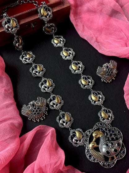 Dual Tone Long Partywear Necklace with Earring set