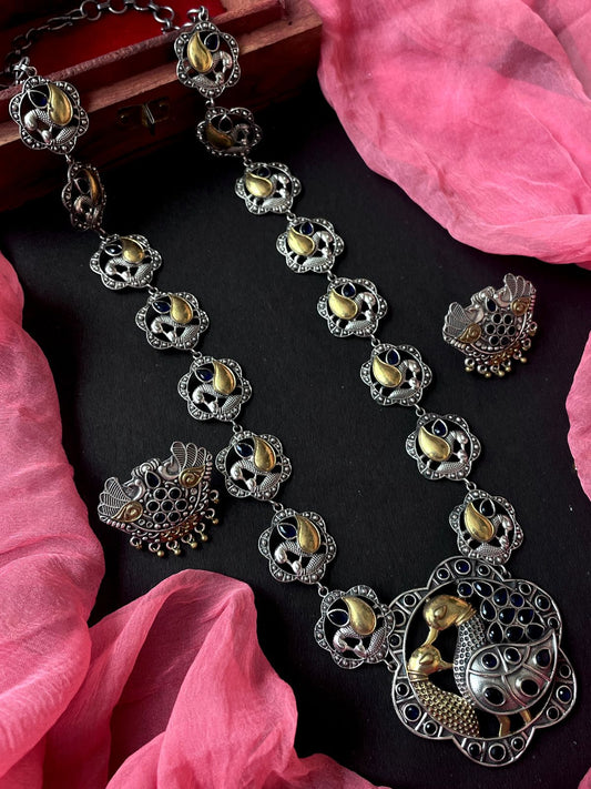 Dual Tone Long Partywear Necklace with Earring set