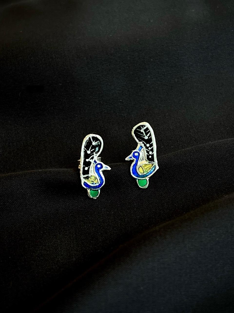 Meenakari Peacock Shape 92.5 Silver Stud Earring
