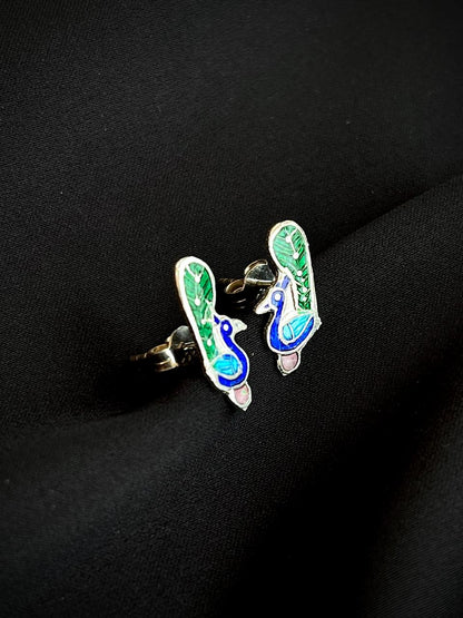 Meenakari Peacock Shape 92.5 Silver Stud Earring