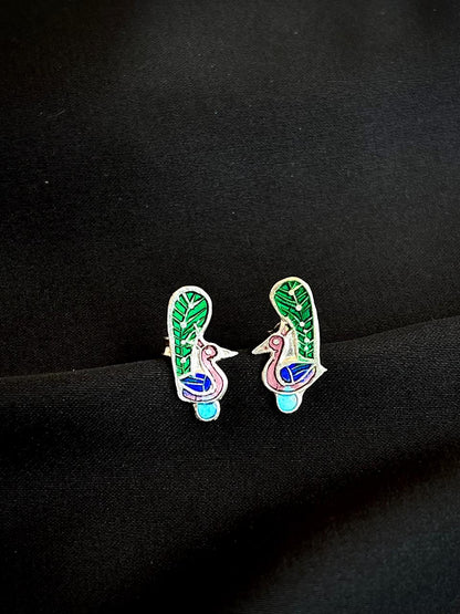 Meenakari Peacock Shape 92.5 Silver Stud Earring