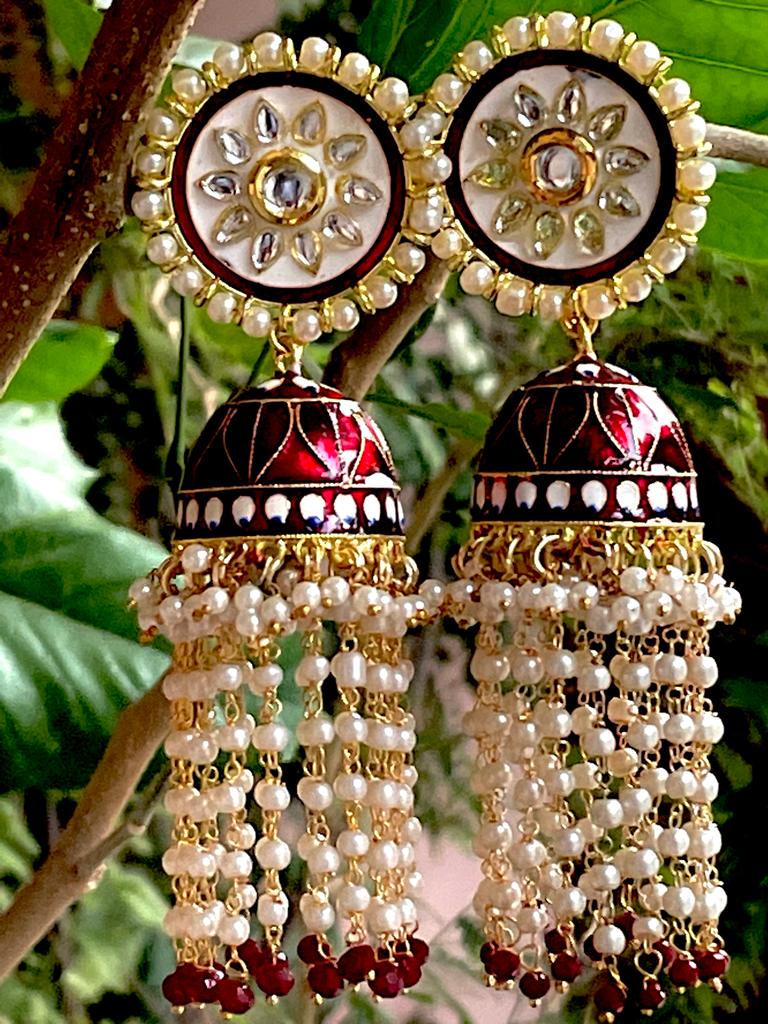 Meenakari Big size Dome Shape Jhumka with Flower top and latkan of beads