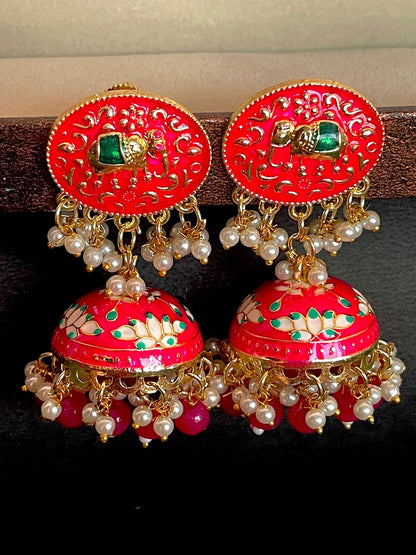 Elephant Top Meenakari Jhumka Earring