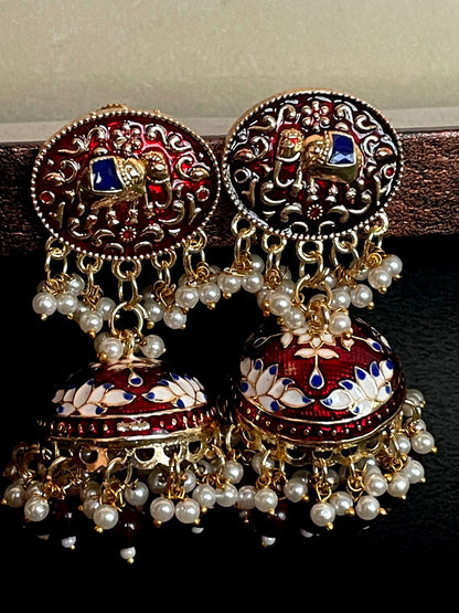 Elephant Top Meenakari Jhumka Earring