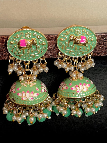 Elephant Top Meenakari Jhumka Earring