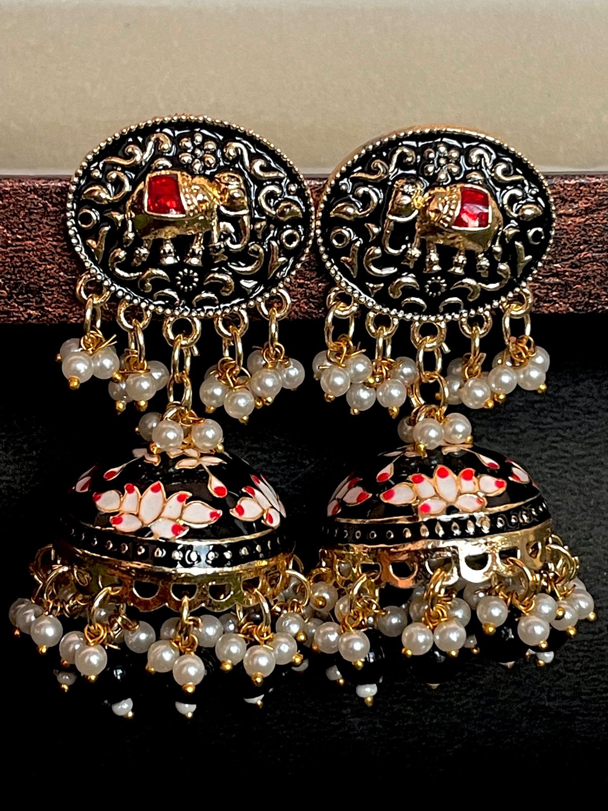 Elephant Top Meenakari Jhumka Earring