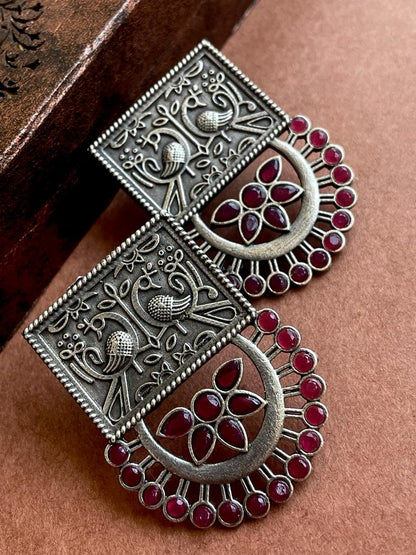 Oxidized Peacock rectangle Top with Stone work Half round Stud Earring