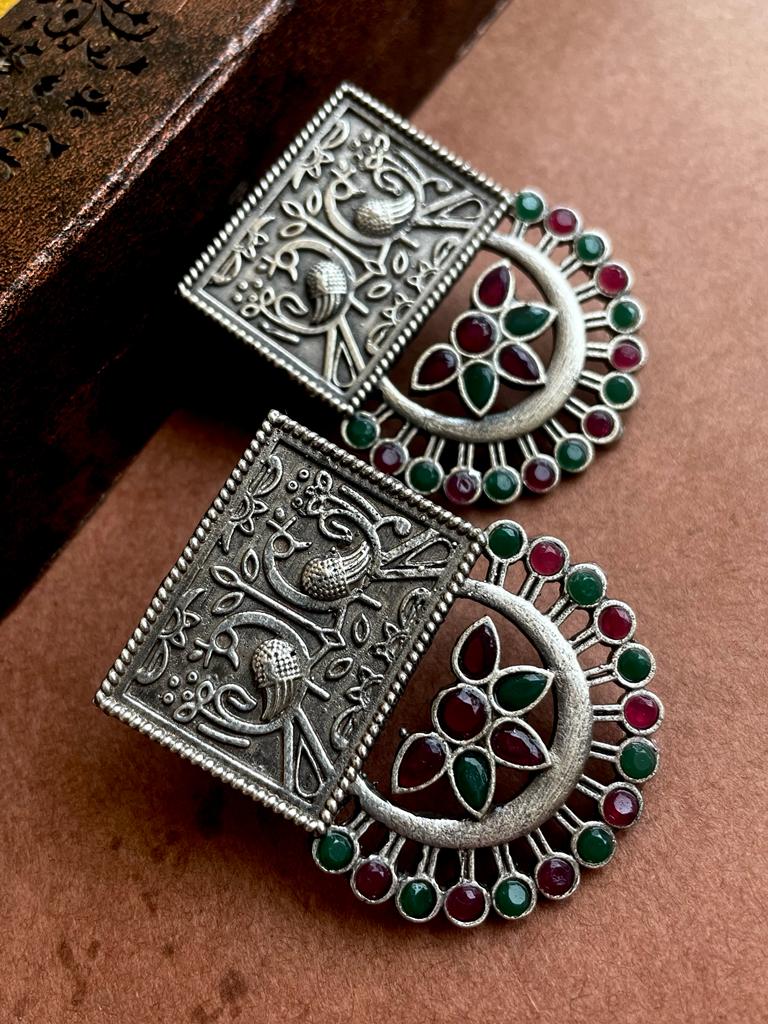 Oxidized Peacock rectangle Top with Stone work Half round Stud Earring