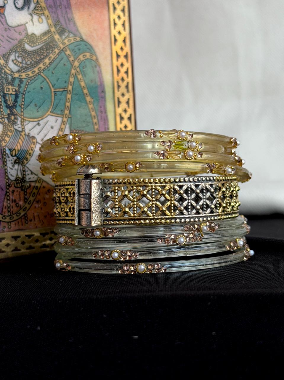 Glass Bangles with Dual Tone Kada Set