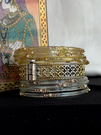 Glass Bangles with Dual Tone Kada Set
