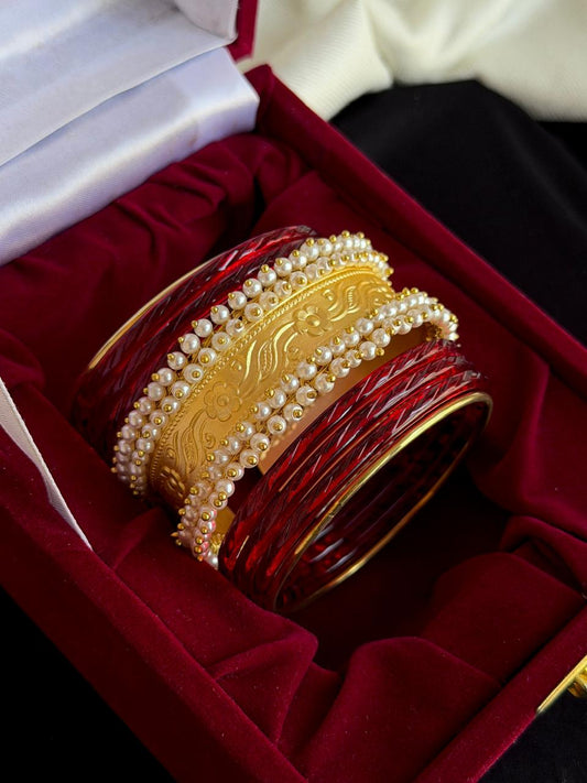 Golden Metal Bangles with Glass Bangles and Golden Kada Combo
