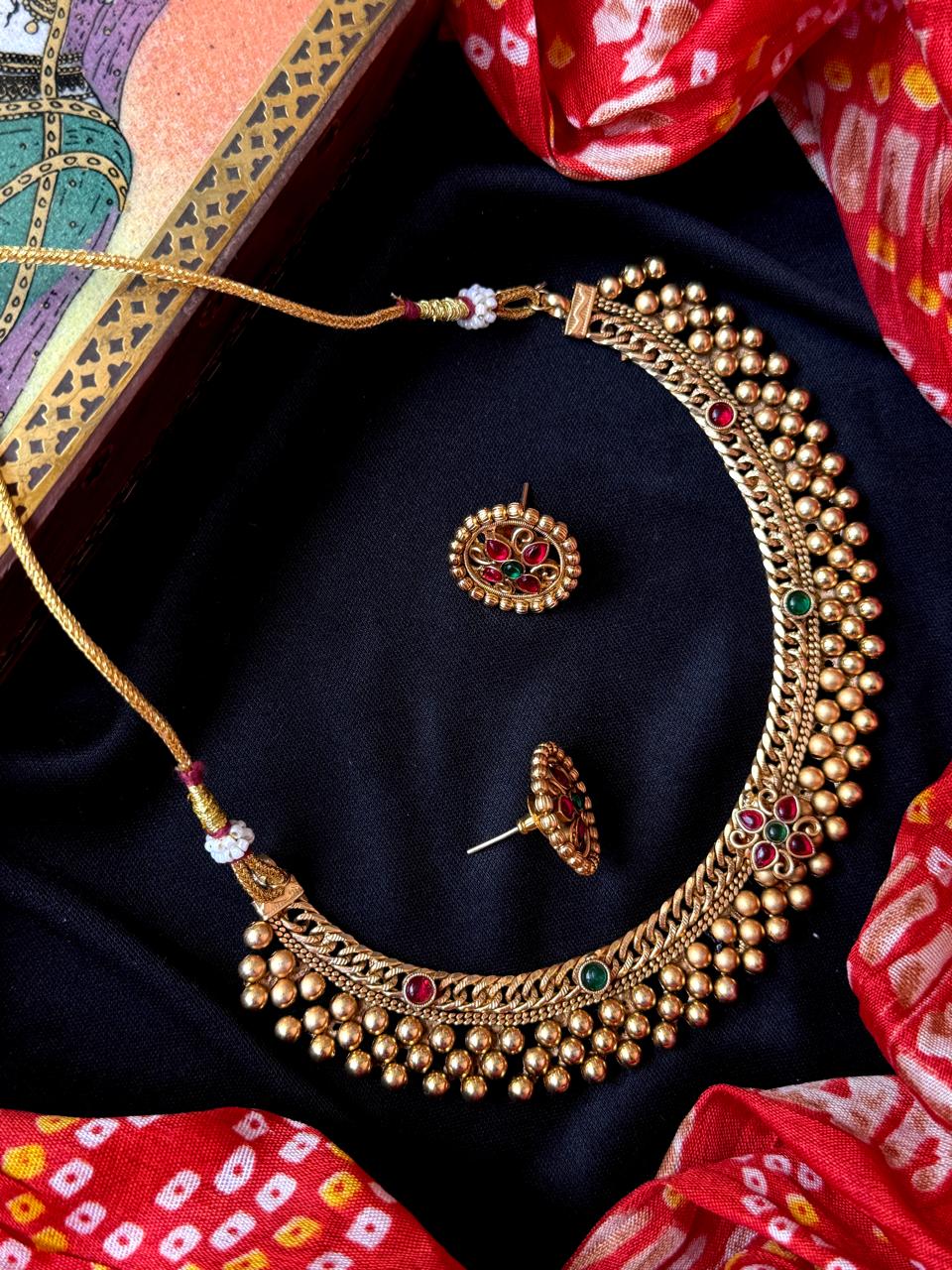 Matt Gold Finish Choker Necklace with Earring set