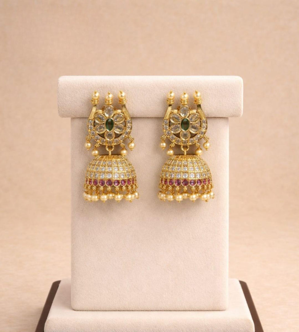 AD Stone Matt Finish Golden Temple Earring