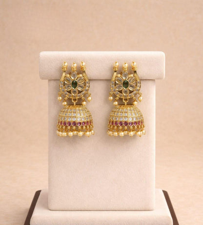 AD Stone Matt Finish Golden Temple Earring