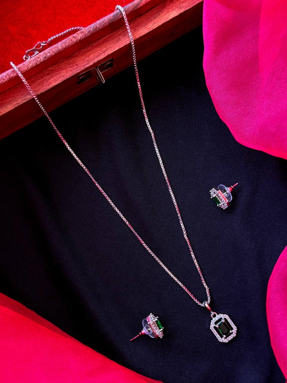 AD stone Pendant Chain Necklace with Earring set