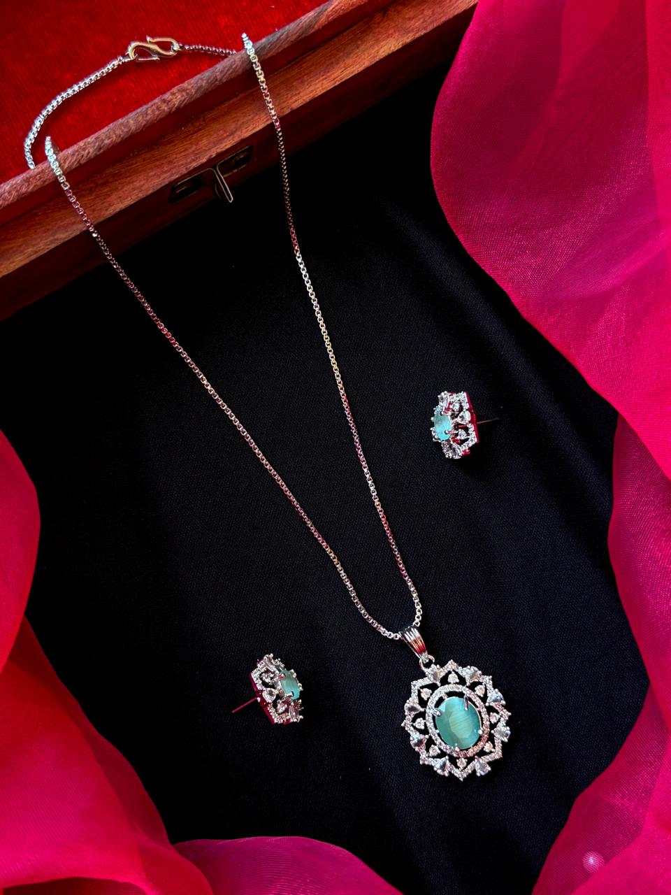 AD stone Pendant Chain Necklace with Earring set