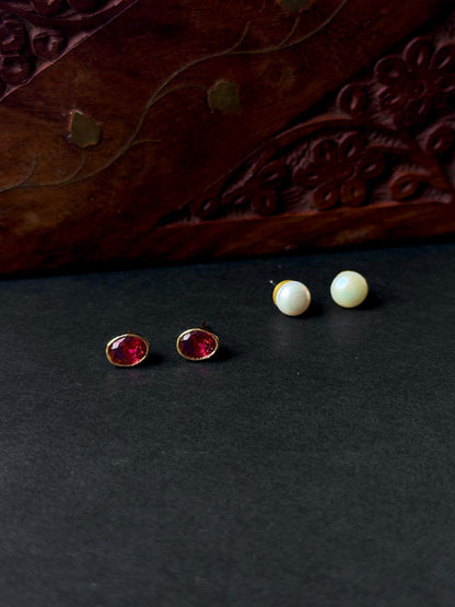 Monalisa Stone Oval Golden Earring with Pearl Earring Combo set