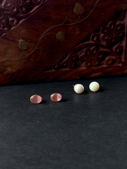 Monalisa Stone Oval Golden Earring with Pearl Earring Combo set