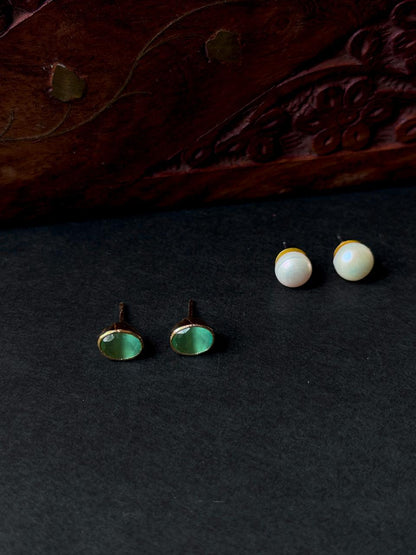Monalisa Stone Oval Golden Earring with Pearl Earring Combo set