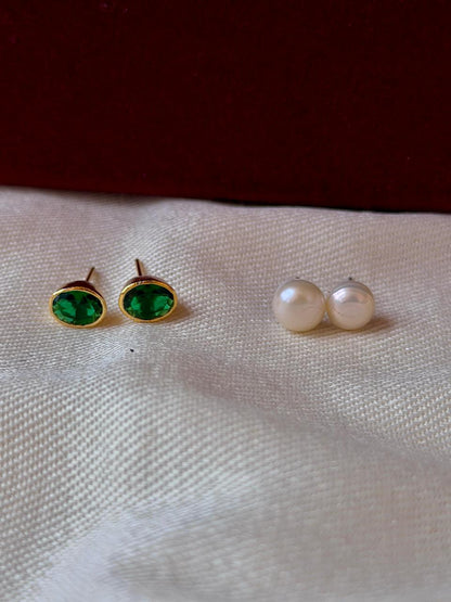 Monalisa Stone Oval Golden Earring with Pearl Earring Combo set