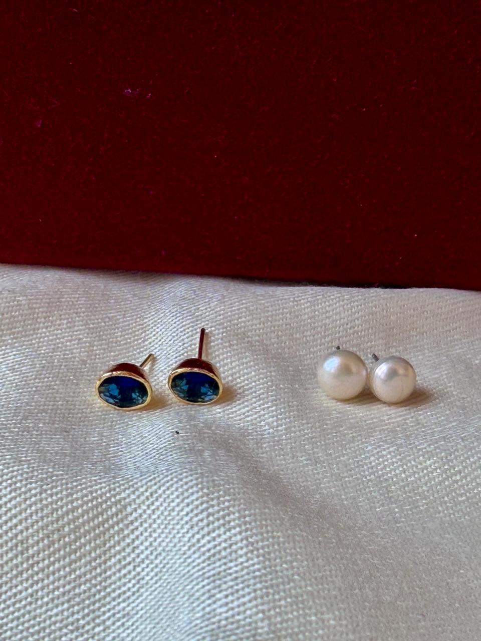 Monalisa Stone Oval Golden Earring with Pearl Earring Combo set