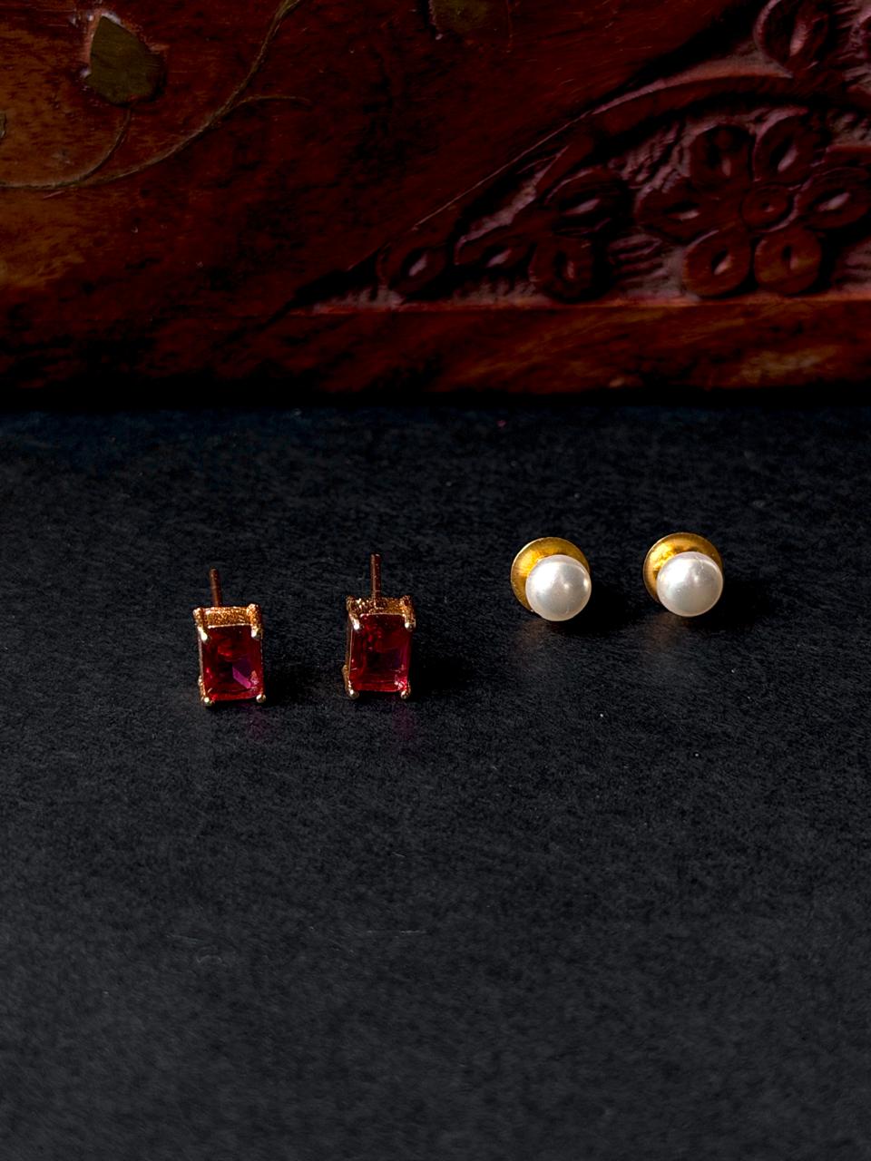 Monalisa Stone Reactangular Golden Earring with Pearl Earring Combo set