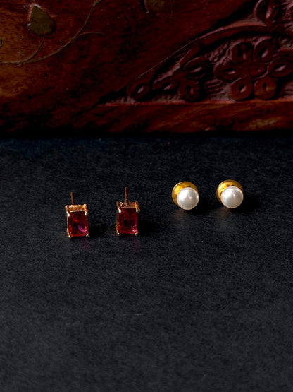 Monalisa Stone Reactangular Golden Earring with Pearl Earring Combo set