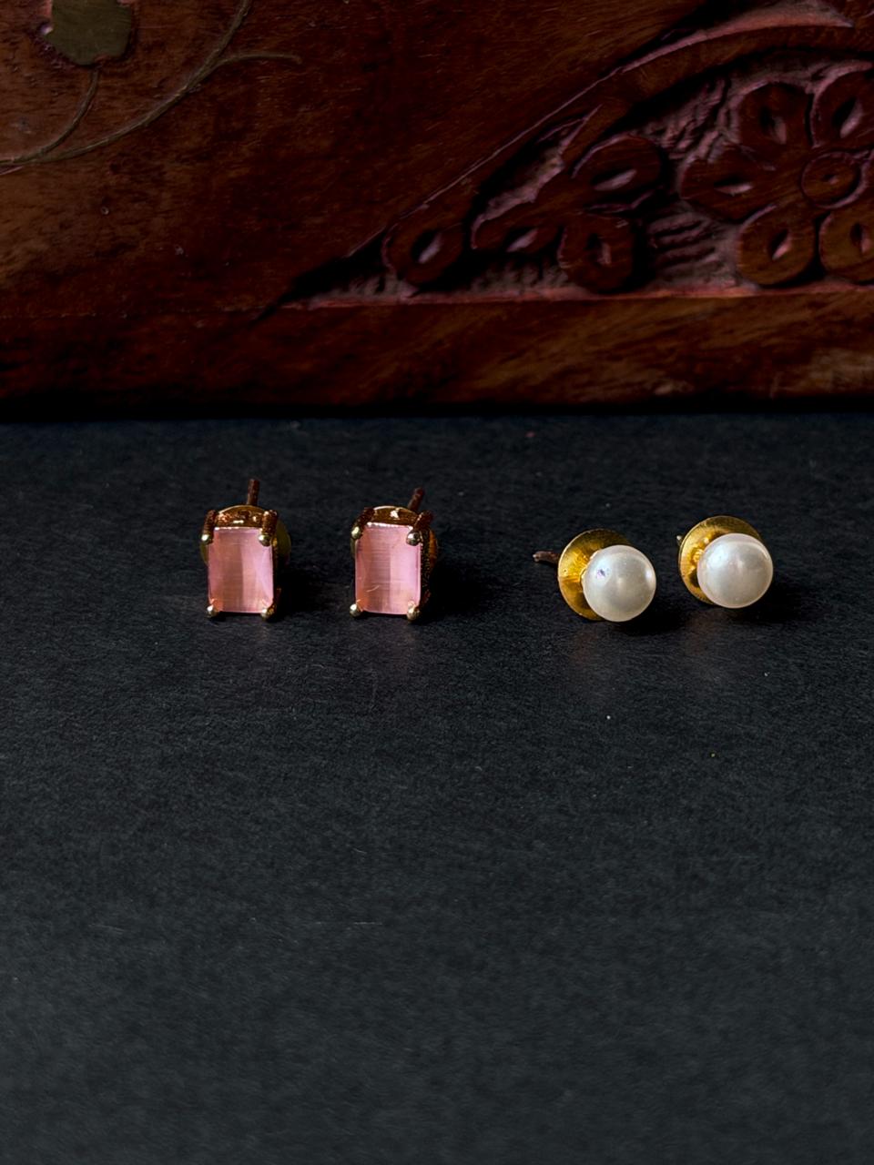 Monalisa Stone Reactangular Golden Earring with Pearl Earring Combo set