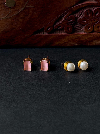 Monalisa Stone Reactangular Golden Earring with Pearl Earring Combo set