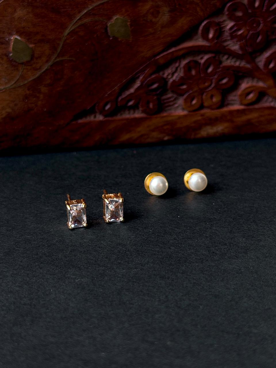 Monalisa Stone Reactangular Golden Earring with Pearl Earring Combo set
