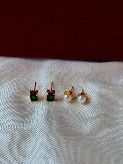 Monalisa Stone Reactangular Golden Earring with Pearl Earring Combo set