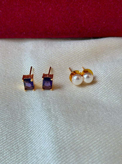 Monalisa Stone Reactangular Golden Earring with Pearl Earring Combo set