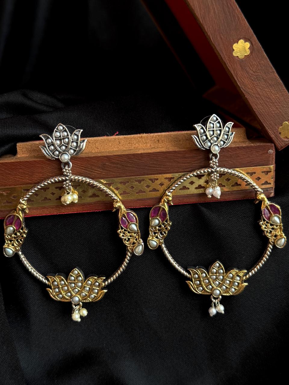 Dual Tone Round Lotus Earring