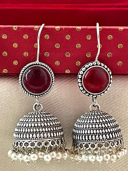 Silver Replica Jhumki with Monalisa stone Top Earring
