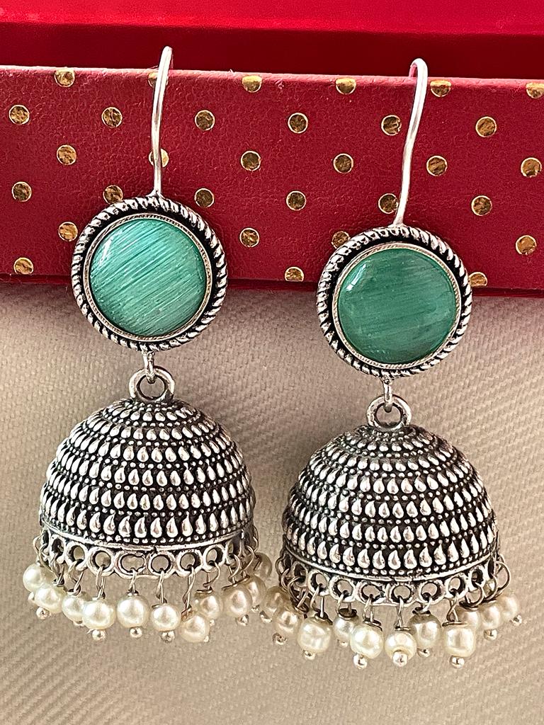 Silver Replica Jhumki with Monalisa stone Top Earring