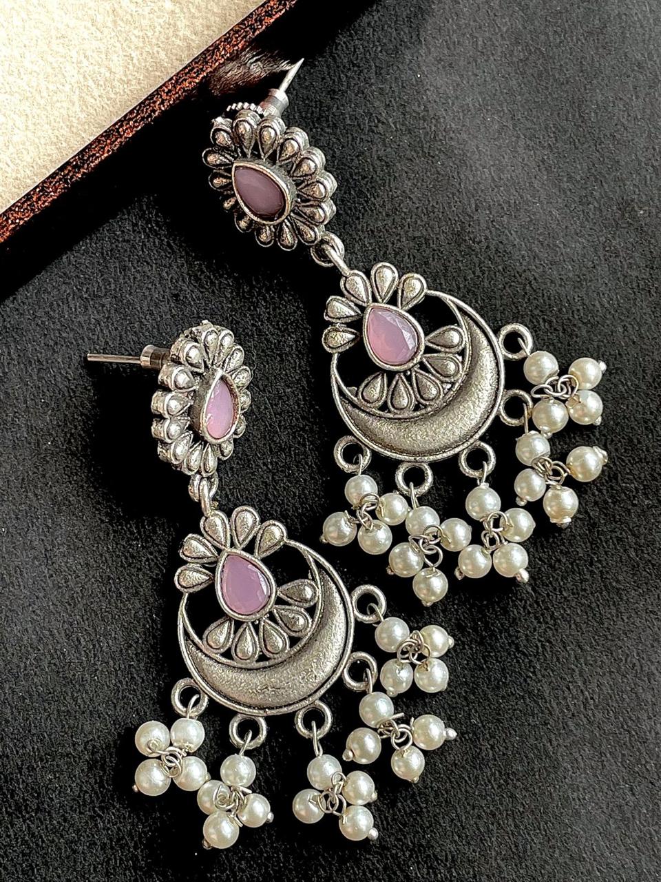 oxidized chandbali earing with stone and beads